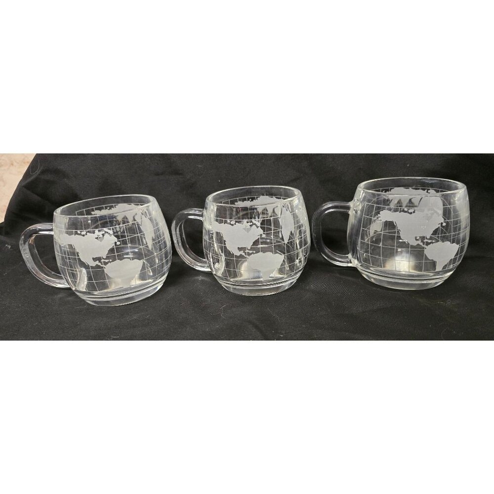 Set of 3 Vintage Nestle World Map Glass Mugs Coffee Cups